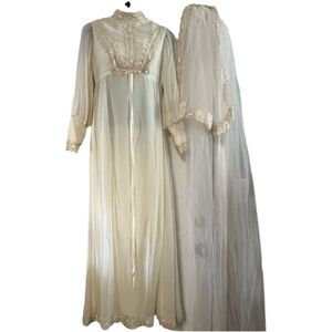 Vintage Prairie Boho Wedding Dress 60s 70s Ivory Empire Sheer Cuff Maxi Veil 7